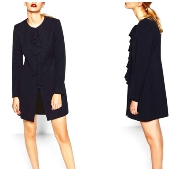 Zara Snap Front Frilled Neckline Frock Mini Length Coat Dark Navy Blue Large - Picture 2 of 9